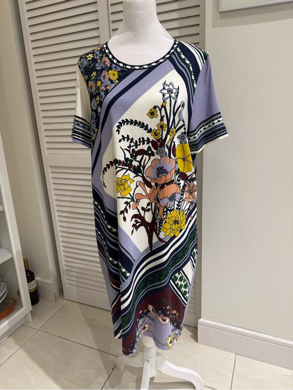 Tory Burch Lavender, Yellow and Navy Floral Stripe Short Sleeve Dress